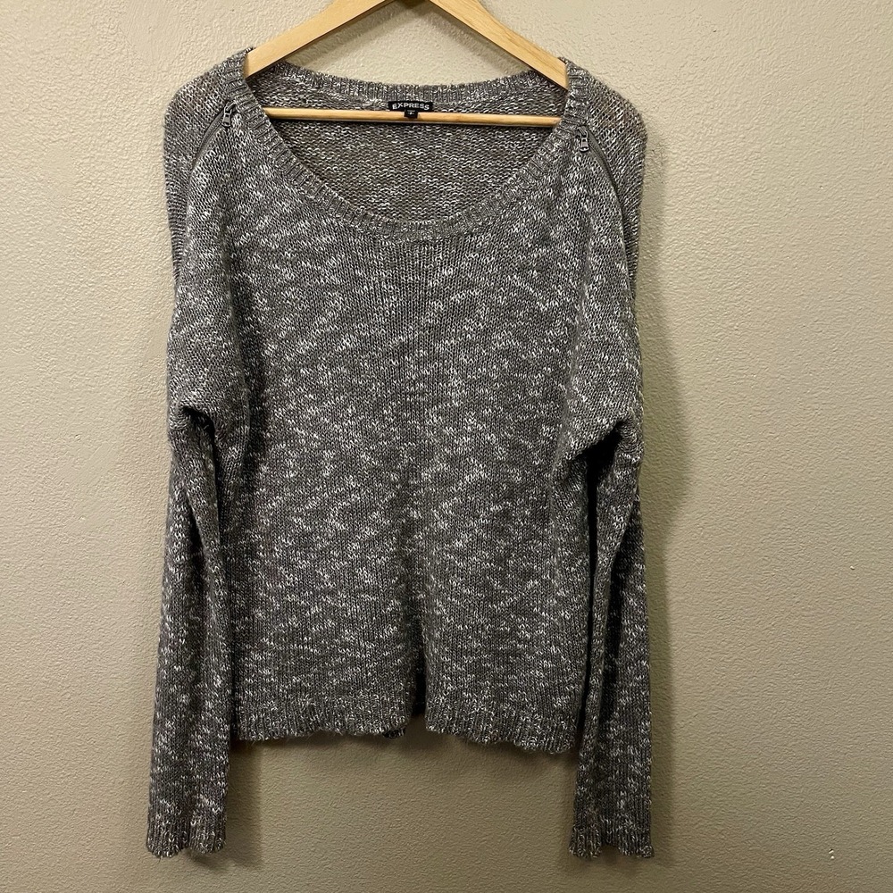 Express Slouchy‎ Oversized Knit Sweater Zip Accent Gray White Grunge Goth Sz S P